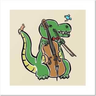 Tyrannosaurus Dinosaur Dino Cello Cellist Cartoon Cute Character Posters and Art